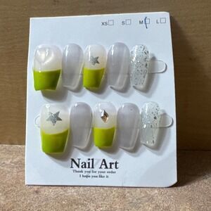 Nail Art Press On Nails Medium Lime Green White Silver Stars Heart Glitter Gem